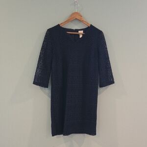 Chico's Navy Sheath Dress Blue Lace 3/4 Sleeve Crew Neck Size 4 (Chico's Size 0)